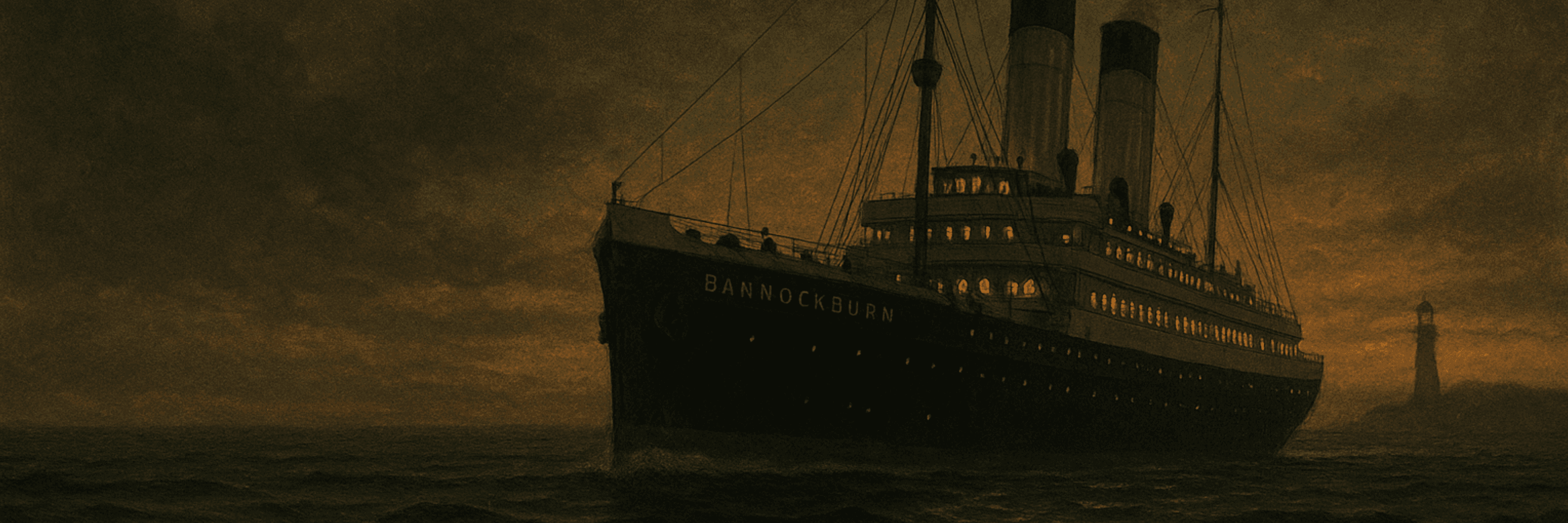 Steamship Bannockburn approaching lighthouse at dusk